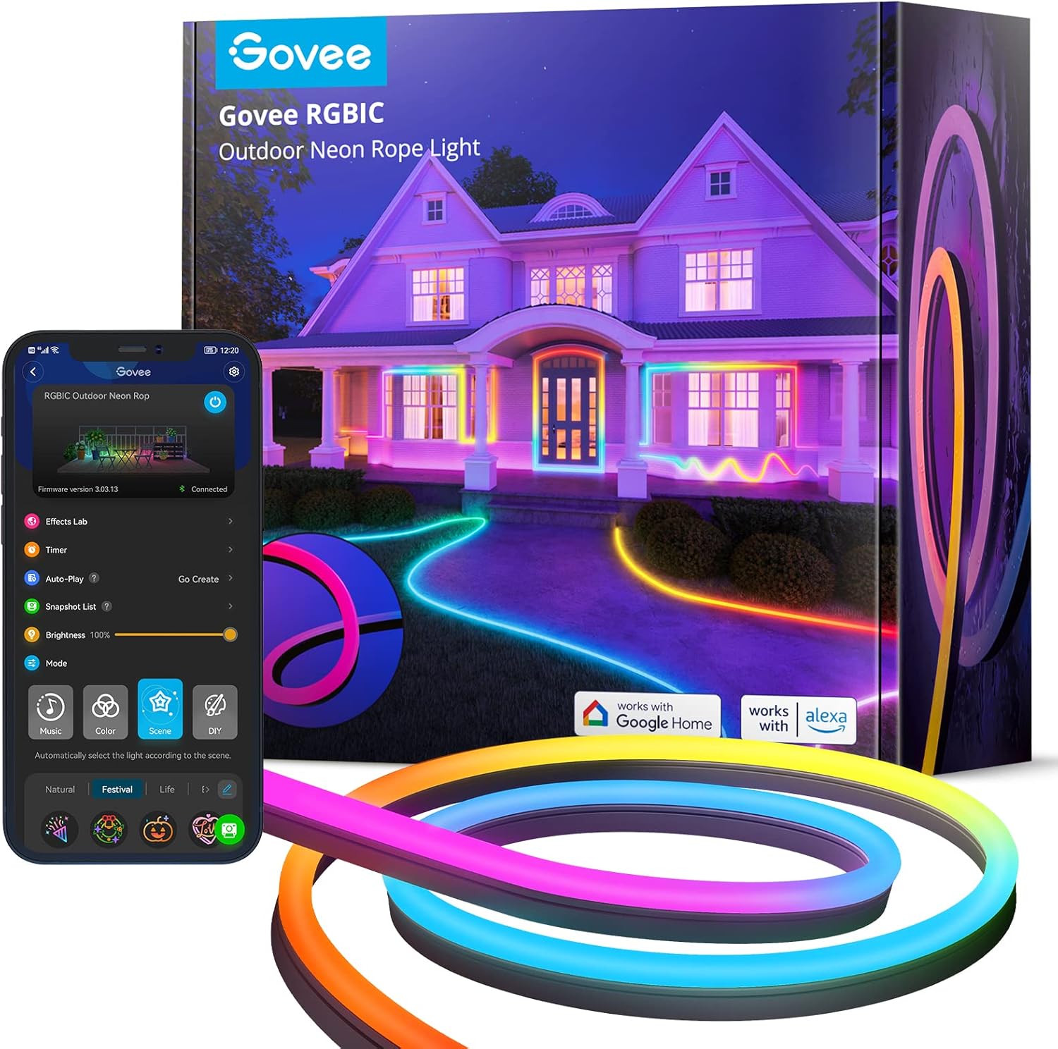 Govee Outdoor Neon Rope Lights, 32.8ft RGBIC IP67 Waterproof Patio Decorations with 64 Scene Modes, Music Sync, Flexible LED Outdoor Lights, Neon Lights Work with Alexa, Google Assistant | Outdoor Decorations with 64 Scene Modes, Music Sync, Flexible LED Lights, Neon Lights Compatible with Alexa, Google Assistant