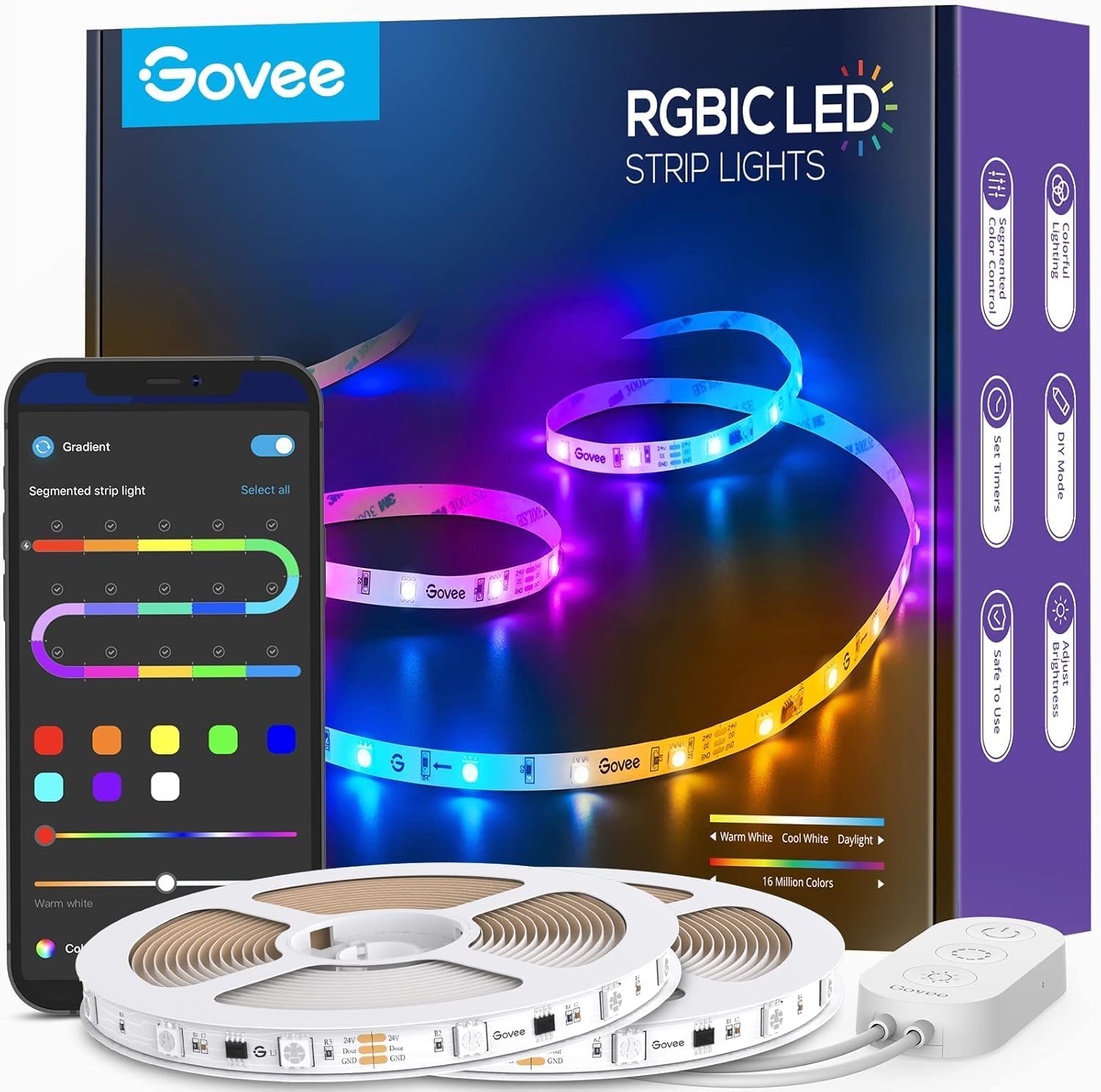 Govee 65.6ft RGBIC LED Strip Lights, Smart App Control Light for Bedroom | Bluetooth Color Changing LED Lights, DIY Segmented Color, Enhanced Music Sync for Bedroom, Kitchen and Home Decor