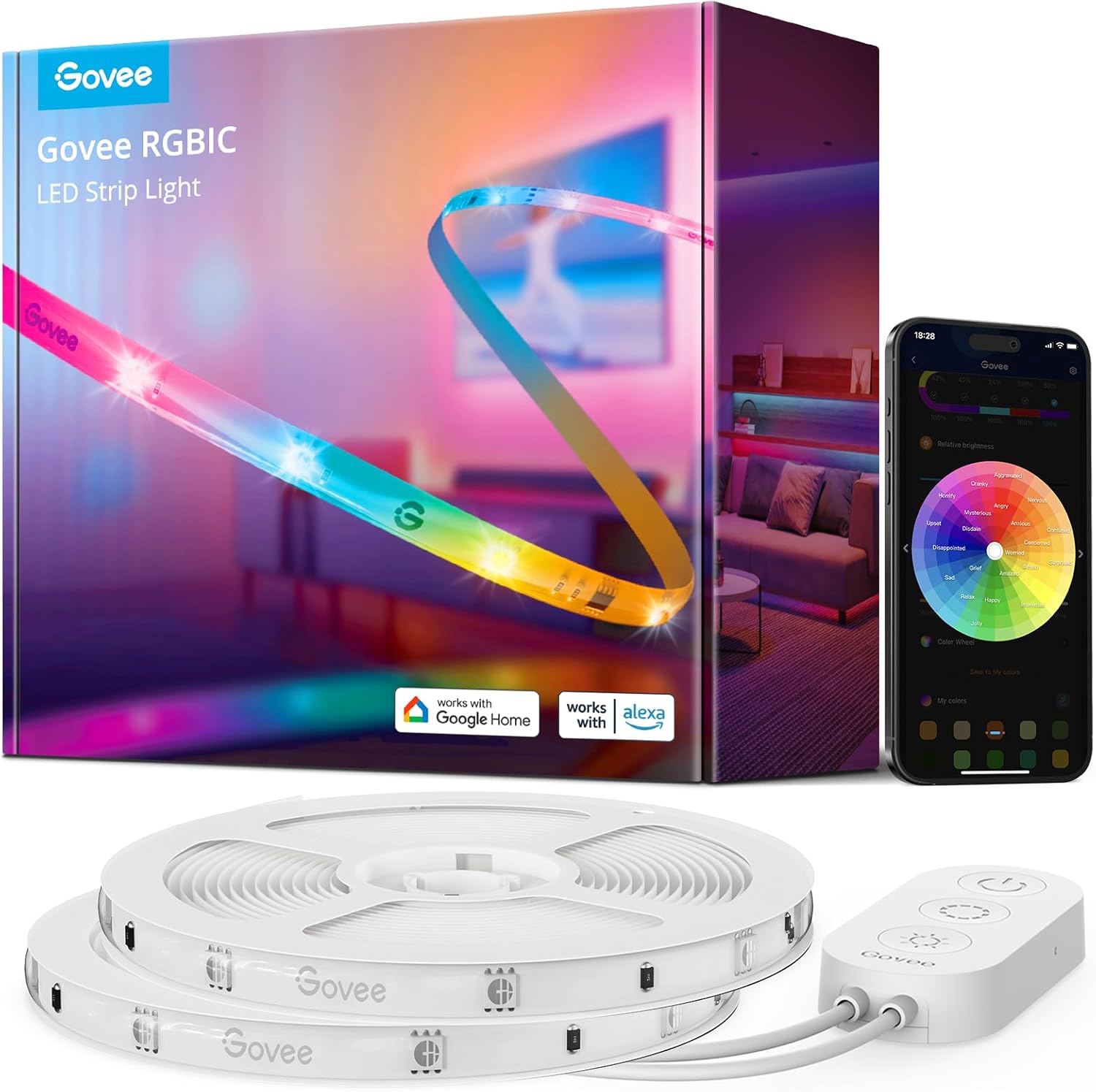 Govee 65.6ft RGBIC LED Strip Lights, Work with Alexa and Google Assistant | APP WIFI Control, DIY Segmented Color, 64 Scene Modes,16 Million Colors, Music Sync, LED Lights for Bedroom (2 X 32.8ft)