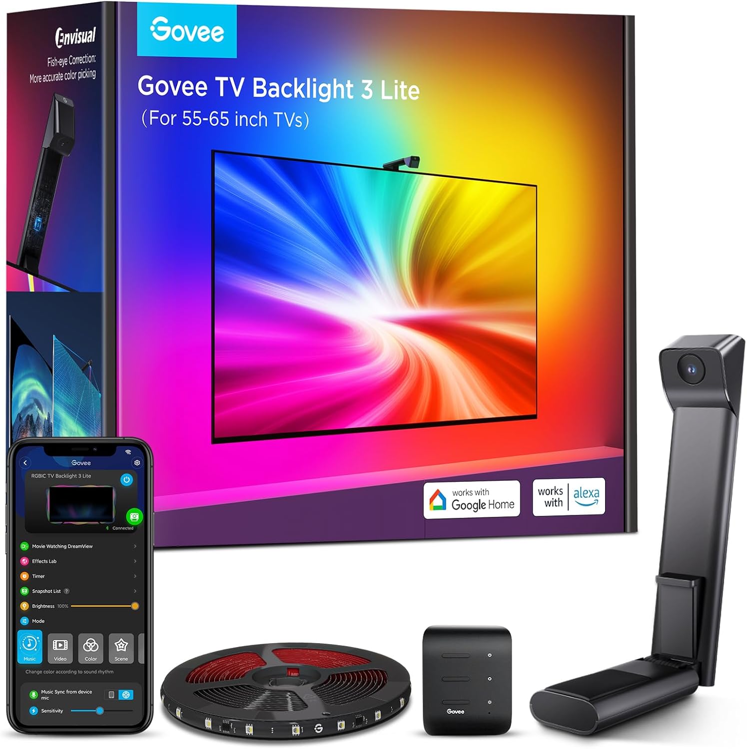 Govee TV Backlight 3 Lite, 11.8ft LED Strip Lights Sync with 55-65 Inch TVs | Upgraded Camera with Fish-Eye Correction Function, RGBICW Screen Sync Lighting, 4 Colors in 1 Lamp Bead, Voice & APP Control