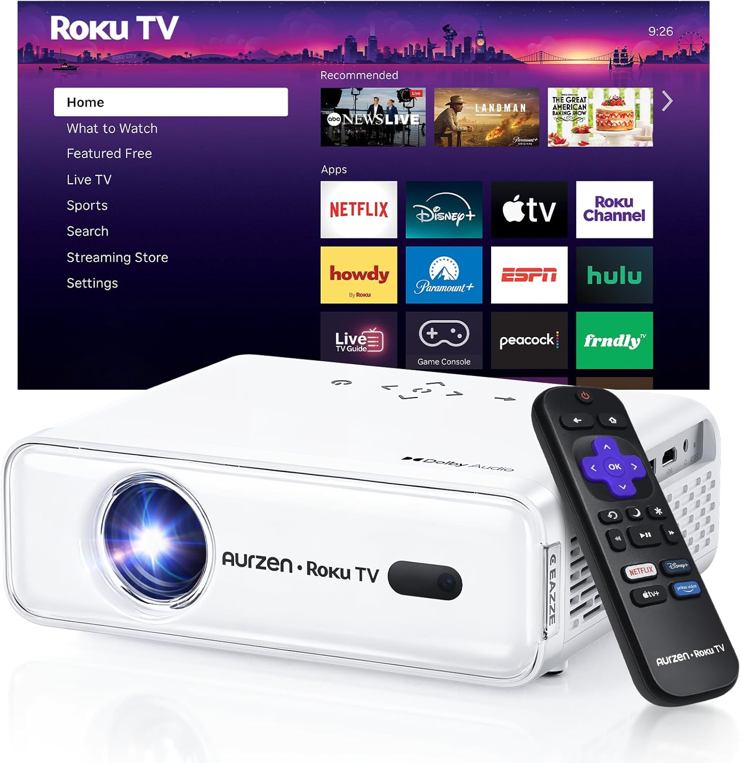 Aurzen Roku TV D1R Smart Portable Outdoor Projector with WiFi and Bluetooth