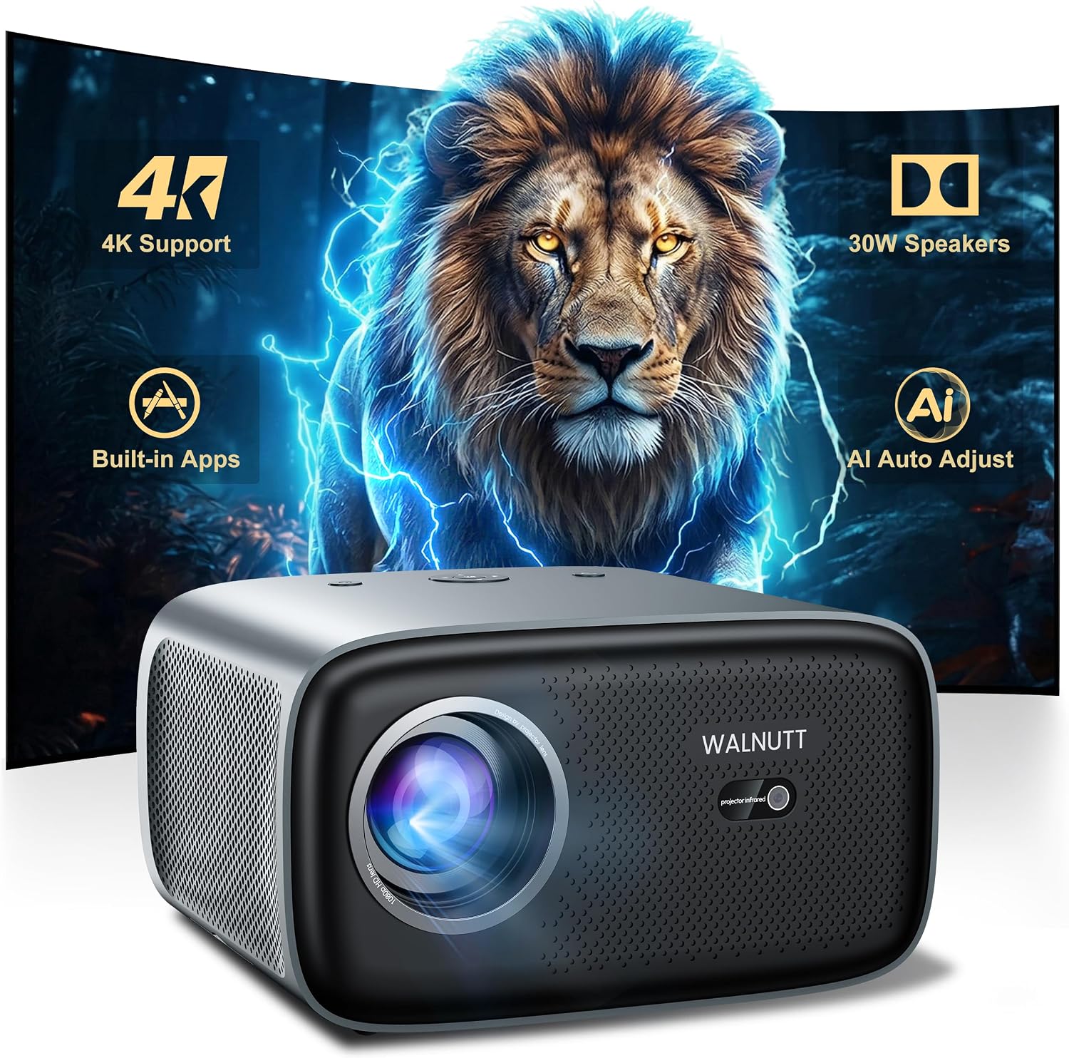 Walnutt 2000 ANSI Outdoor Movie Projector, Official Apps, 4K