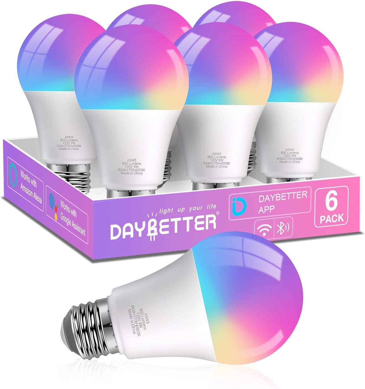 DAYBETTER Smart Light Bulbs, 6-Pack RGBCW