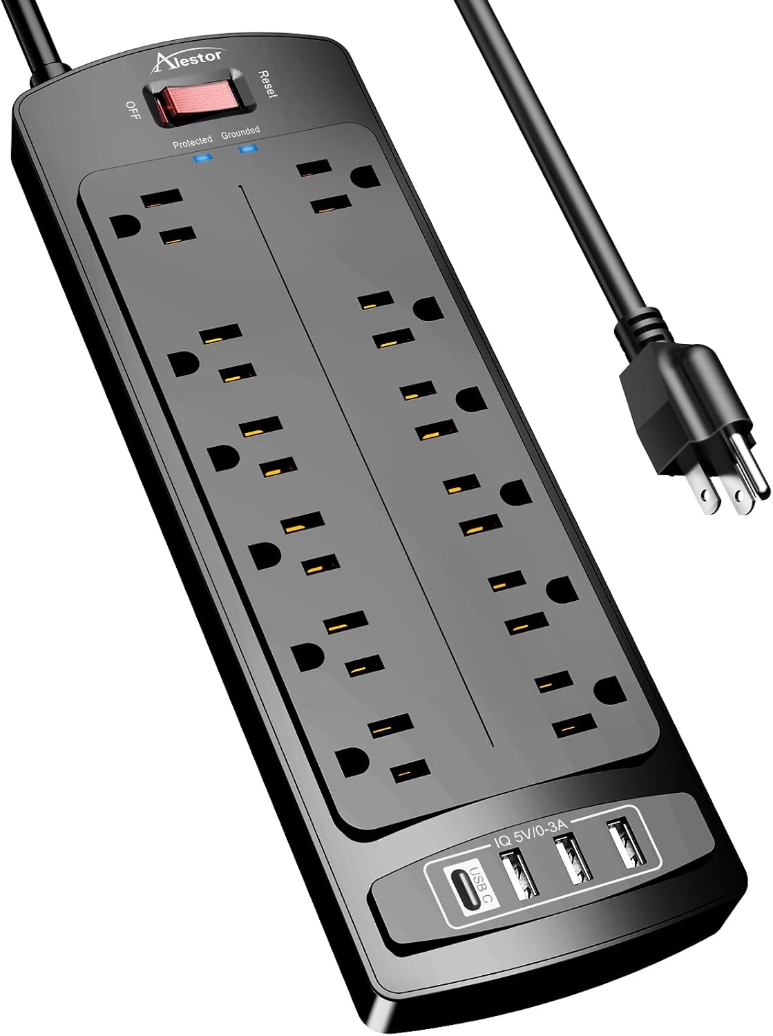 ALESTOR Surge Protector with 12 Outlets and 4 USB Ports, 6 Feet