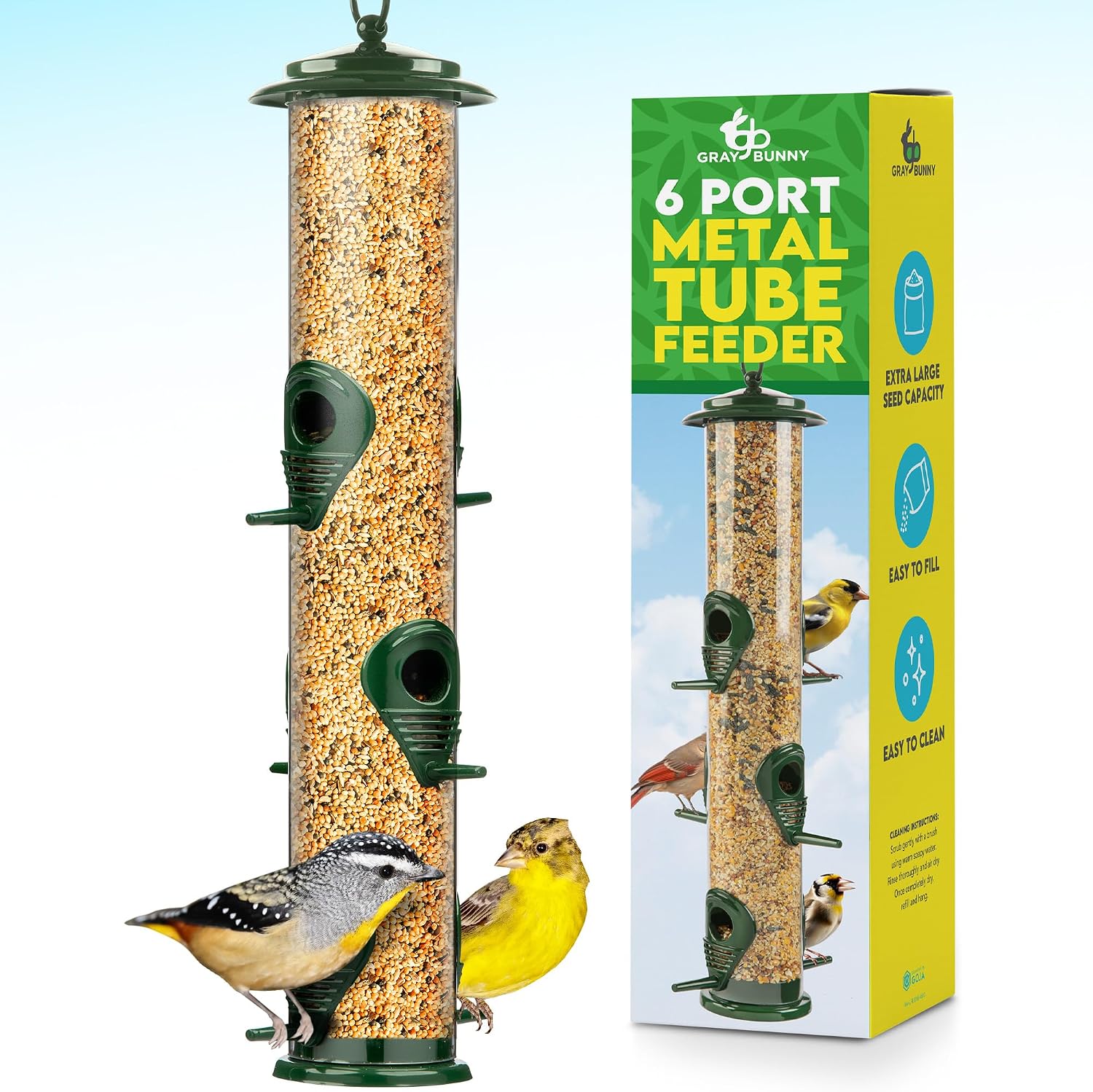 Gray Bunny Squirrel Proof Bird Feeders for Outdoors 6 Port Metal Tube