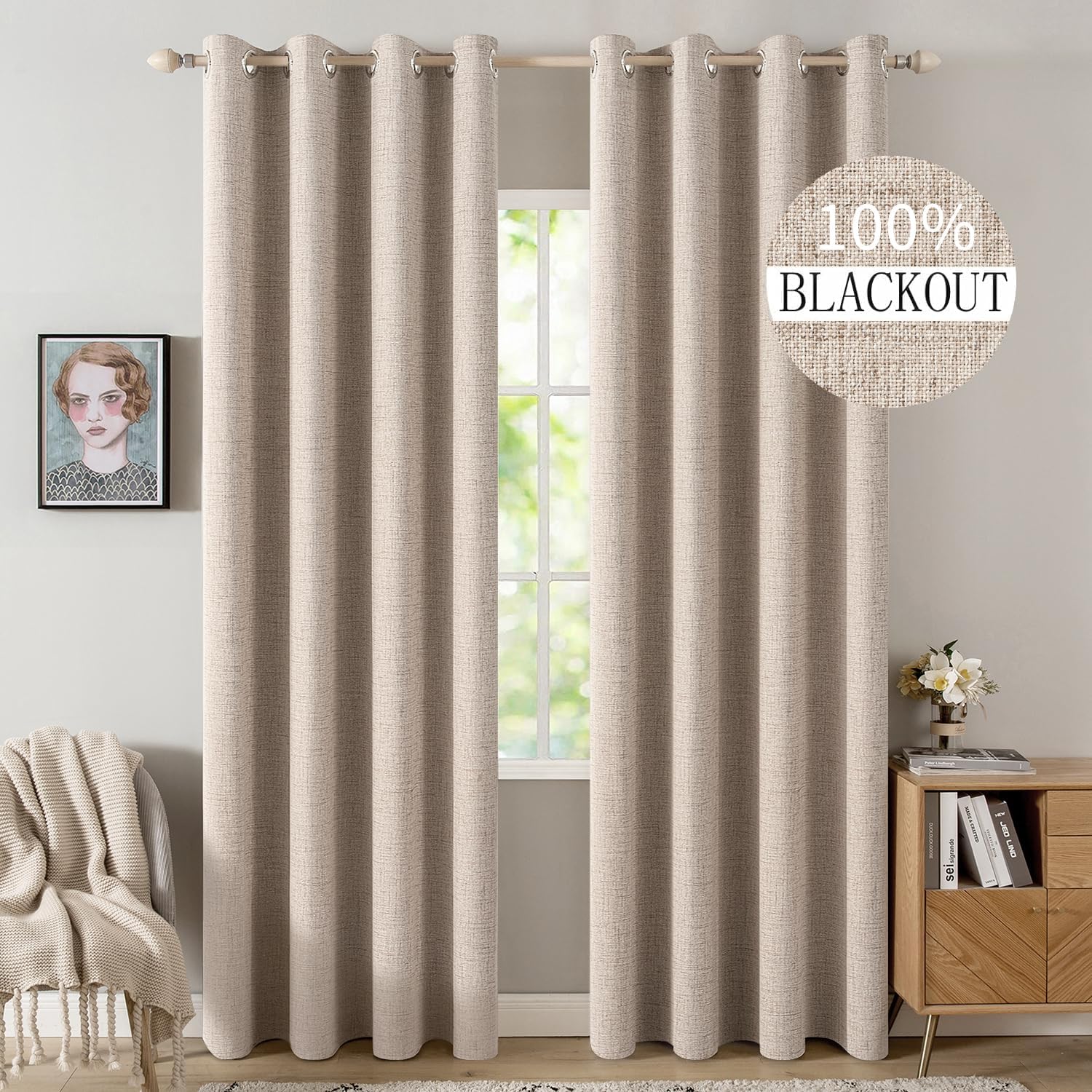 MIULEE 100% Blackout Linen Textured Curtains