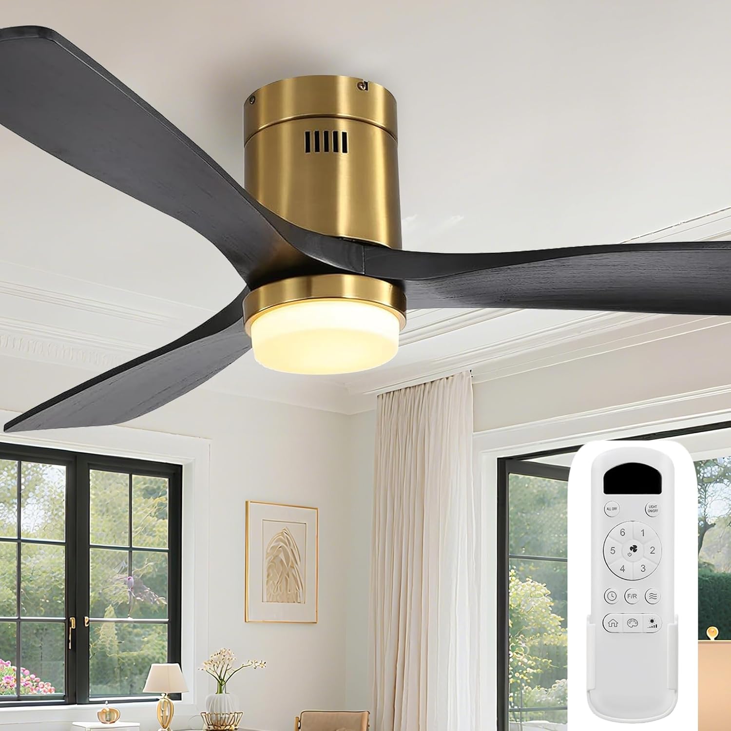 Sofucor 52-Inch Wood Blade Flush Mount Ceiling Fan with Light