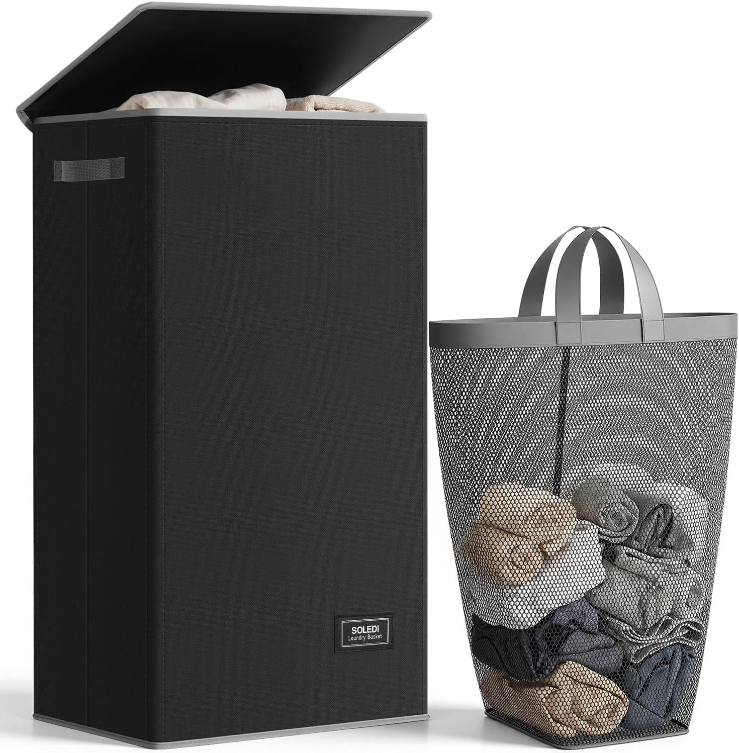 SOLEDI Laundry Hamper with Lid 100L Large Collapsible Black