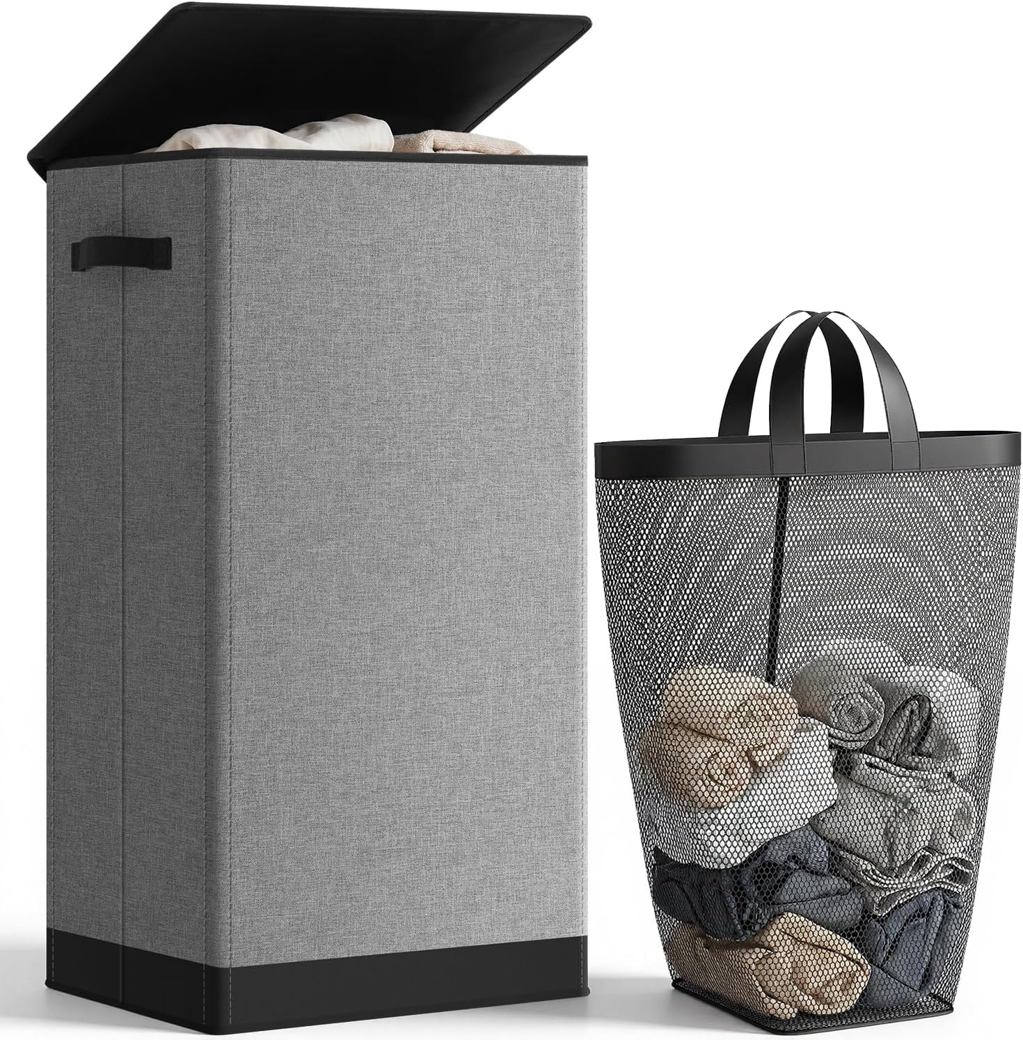 SOLEDI Laundry Hamper with Lid 100L Large Collapsible Grey