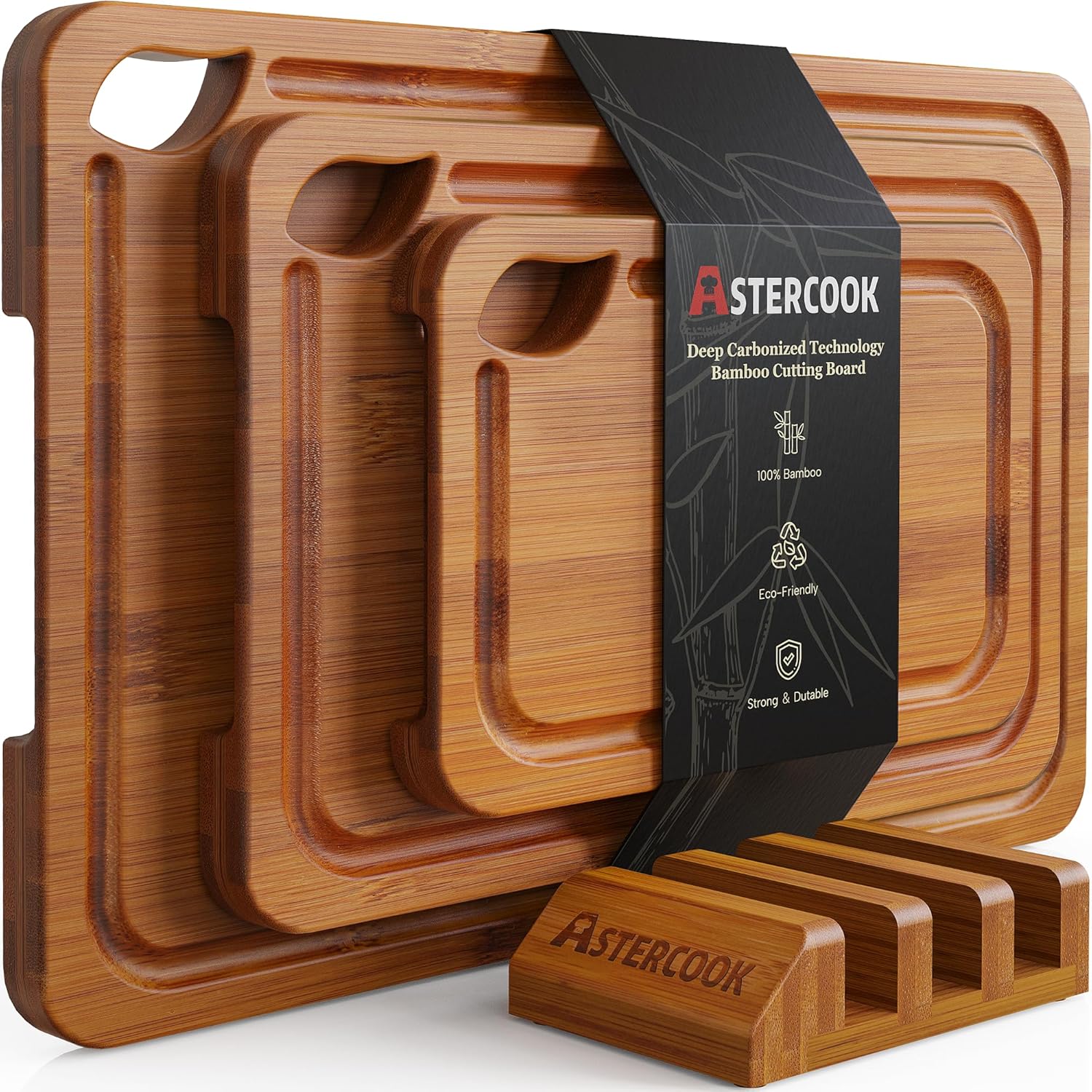 Astercook Deep-Carbonized Bamboo Cutting Board with Stand