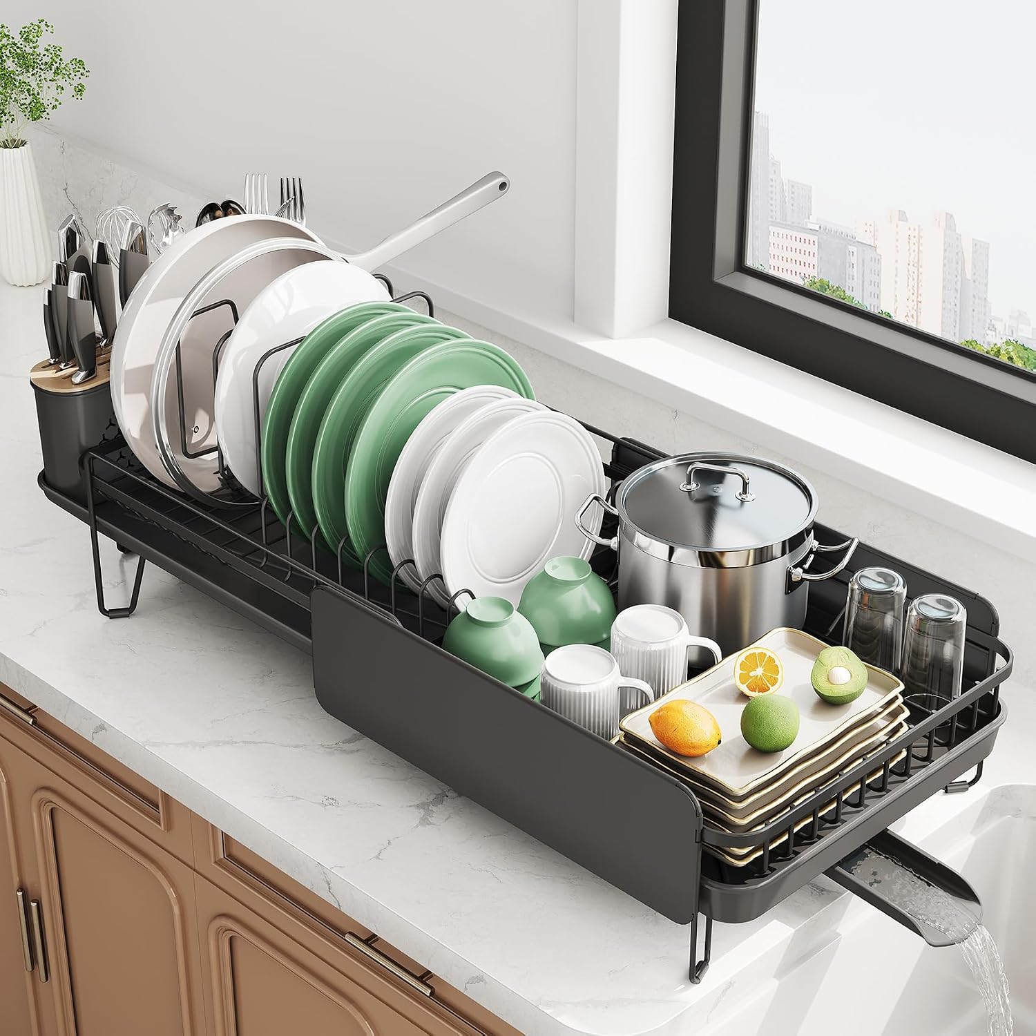 SNTD Large Expandable Dish Drying Rack with Adjustable Dividers