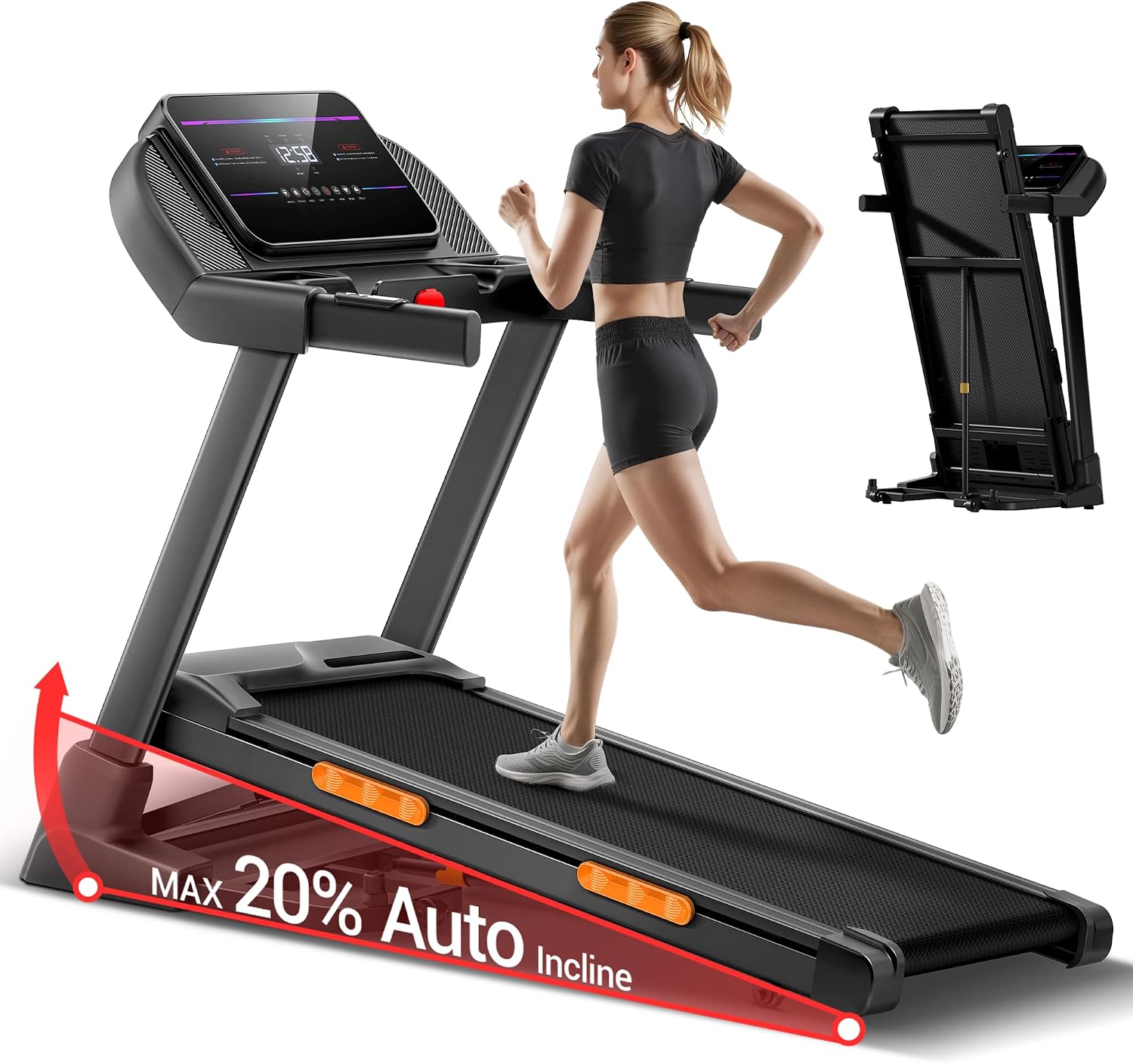 UMAY Folding Treadmill with 20% Auto/Manual Incline